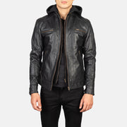 Men's Hector Svart Hooded Bikerjacka i Läder för Herr in Black Cowhide Leather - Front Profile View &amp; Tailored Silhouette | Buy Online