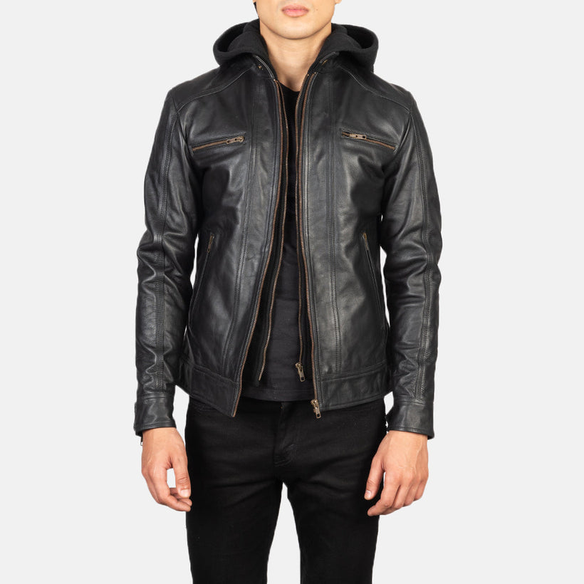 Hector Svart Hooded Bikerjacka i Läder för Herr