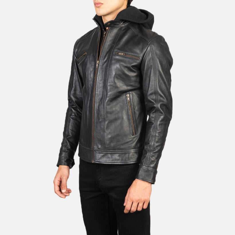 Hector Svart Hooded Bikerjacka i Läder för Herr