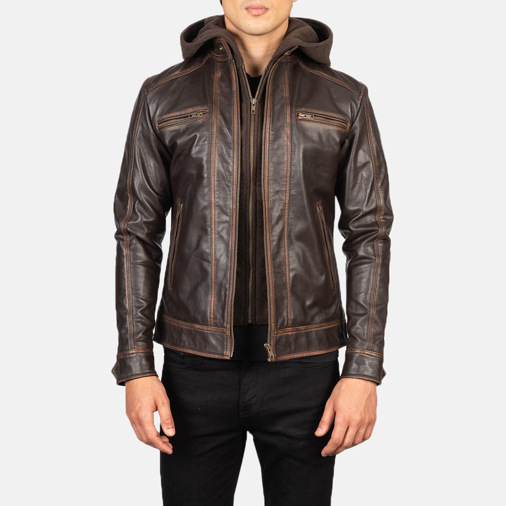 
Hector Vintage Brun Hooded Bikerjacka i Läder för Herr in Vintage Brown Goatskin Leather - Framifrån med skräddarsydd silhuett | Handla online