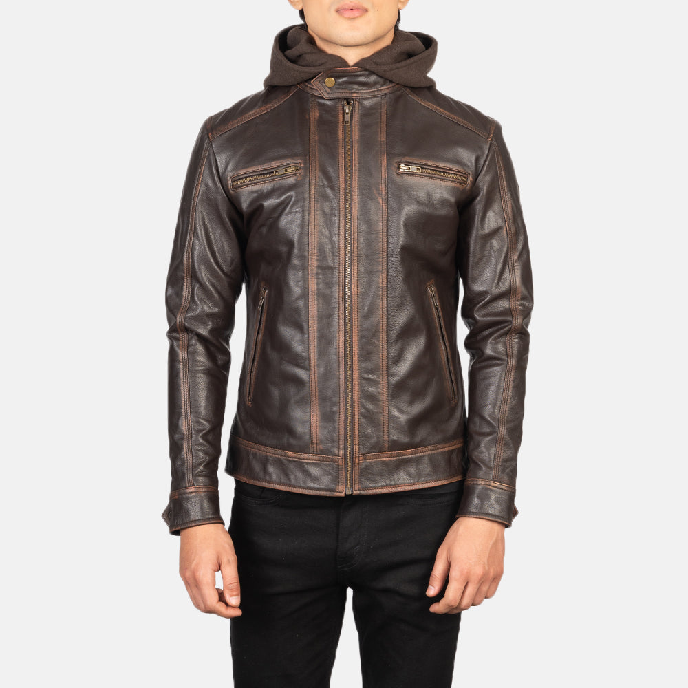 
Närbildsdetalj of Band with Snap Button & Zipper Hardware on Hector Vintage Brun Hooded Bikerjacka i Läder för Herr