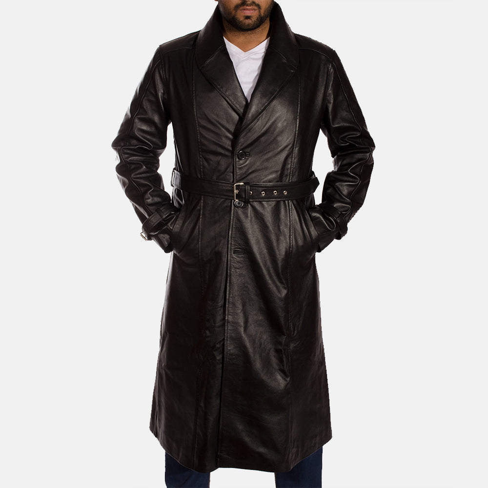 
Hooligan Svart Trenchcoat i Läder för Herr in Black Cowhide Leather - Framifrån med skräddarsydd silhuett | Handla online
