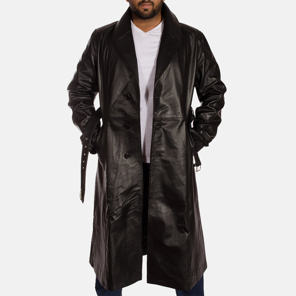 
Hooligan Svart Trenchcoat i Läder för Herr - Sidoprofil som visar ärmskärning