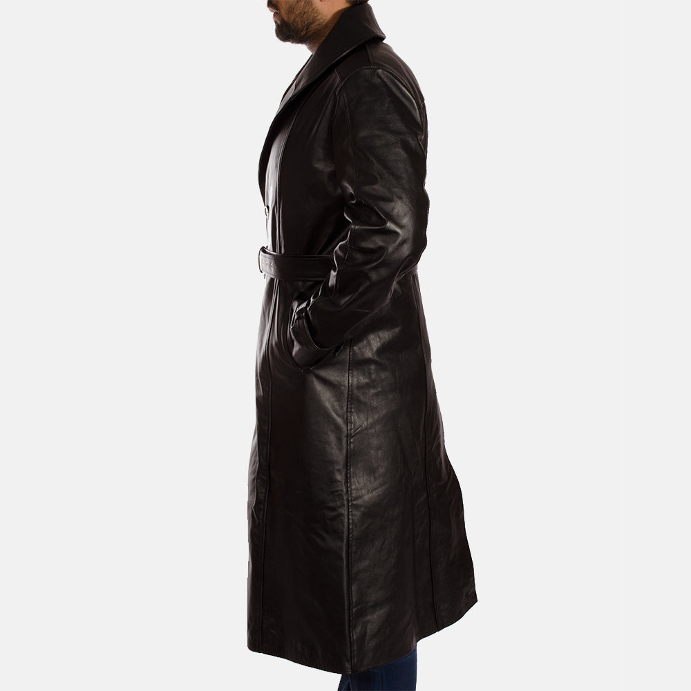 
Närbildsdetalj of Notch & Button & Waist belt Hardware on Hooligan Svart Trenchcoat i Läder för Herr