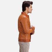 Hubert Ljusbrun Brun Läderjacka för Herr - Lateral Side Profile View Showing Sleeve Cut &amp; Athletic Taper Fit