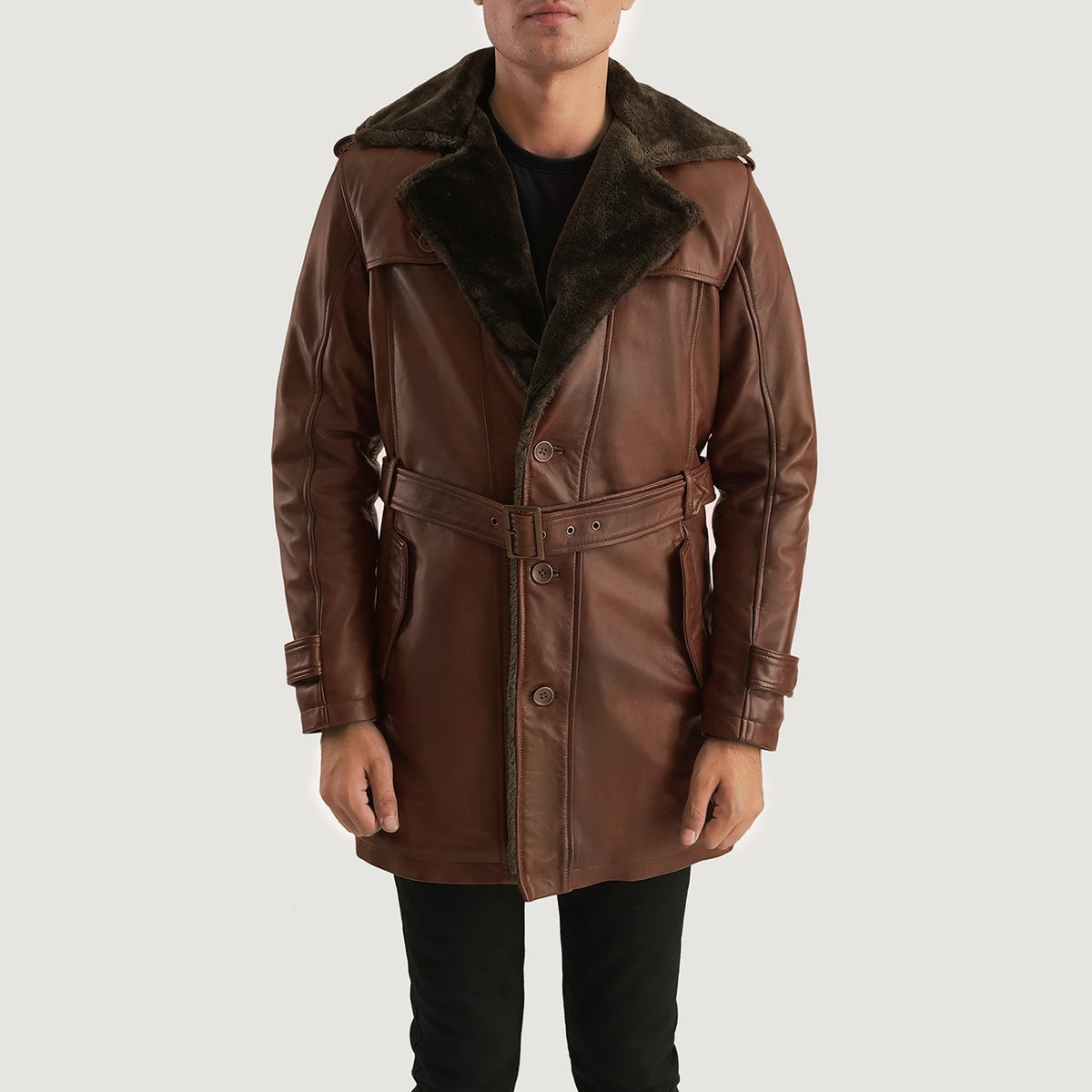 
Hunter Distressed Brun Fur Läderrock för Herr in Distressed Brown Sheepskin Burnishing - Framifrån med skräddarsydd silhuett | Handla online
