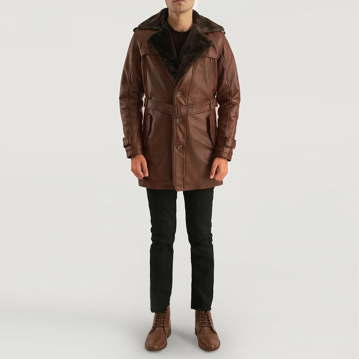 
Närbildsdetalj of Notch & Button Hardware on Hunter Distressed Brun Fur Läderrock för Herr
