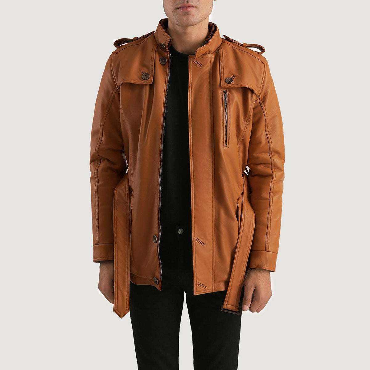 Hunter Ljusbrun Brun Fur Läderjacka för Herr in Tan Brown Sheepskin Leather - Front Profile View &amp; Tailored Silhouette | Buy Online