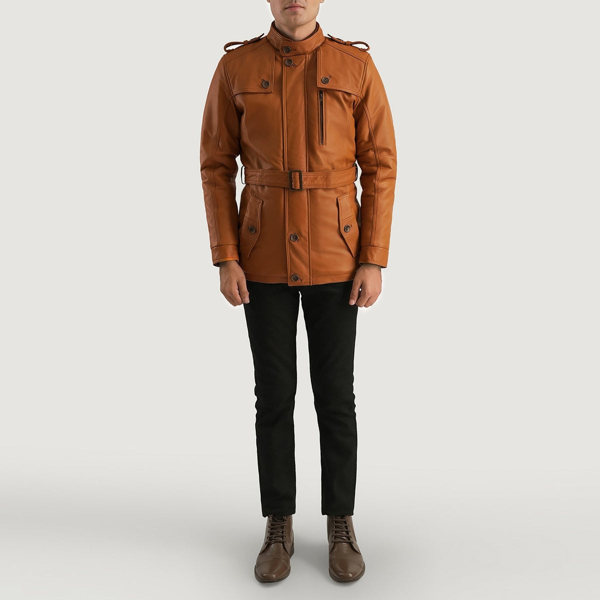 Hunter Ljusbrun Brun Fur Läderjacka för Herr - Lateral Side Profile View Showing Sleeve Cut &amp; Athletic Taper Fit