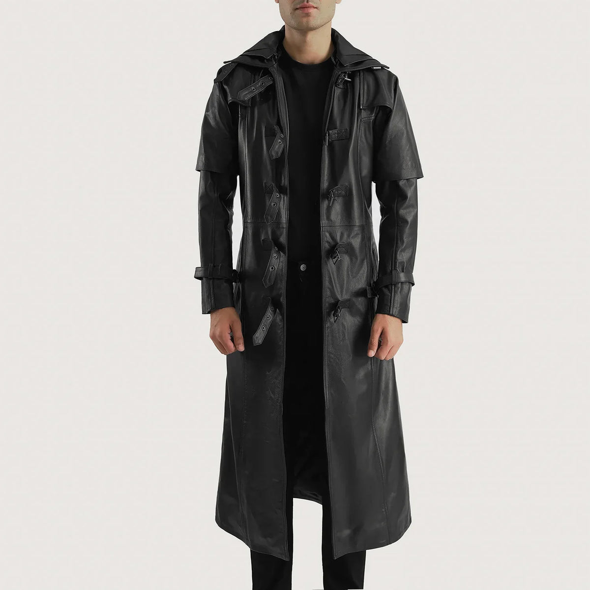 
Huntsman Svart Hooded Trenchcoat i Läder för Herr in Black. Cowhide Leather - Framifrån med skräddarsydd silhuett | Handla online