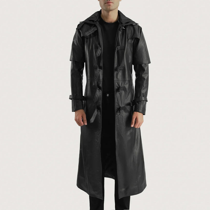 Huntsman Svart Hooded Trenchcoat i Läder för Herr