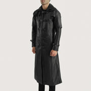 
Black. Cowhide Leather Trench Coat - Bakifrån med perfekt axelpassform och ren fåll
