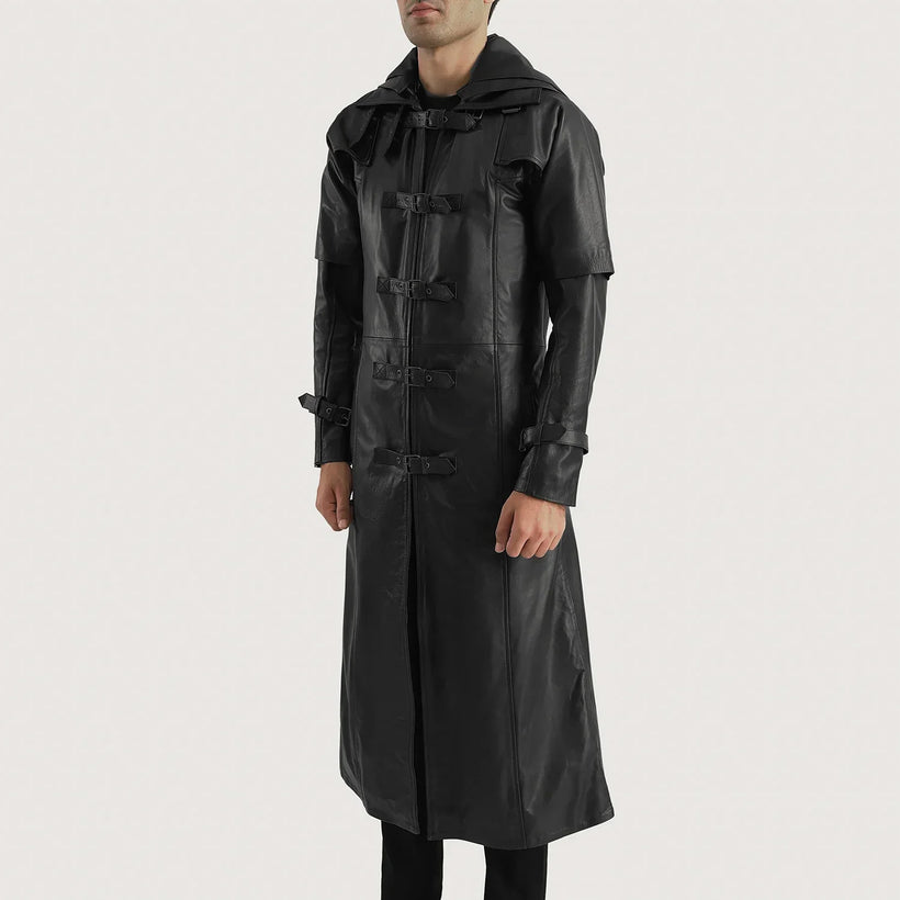 Huntsman Svart Hooded Trenchcoat i Läder för Herr