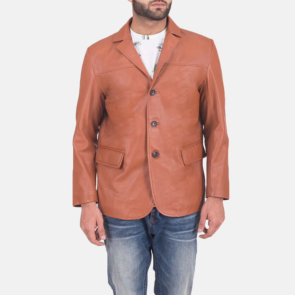 
James Ljusbrun Brun Läderblazer för Herr in Brown Sheepskin Leather - Framifrån med skräddarsydd silhuett | Handla online