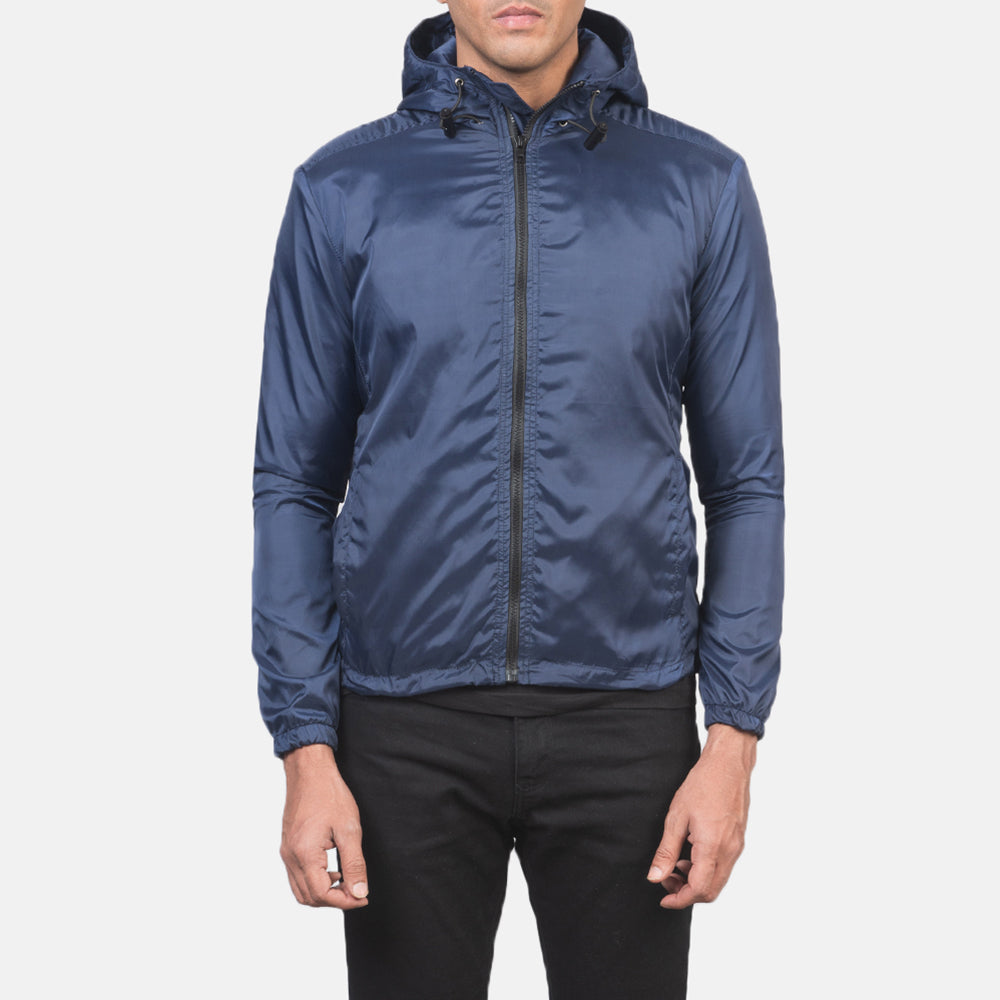 Men's Jimmy Blue Hooded Windbreaker Läderjacka för Herr in Blue Nylon - Front Profile View &amp; Tailored Silhouette | Buy Online