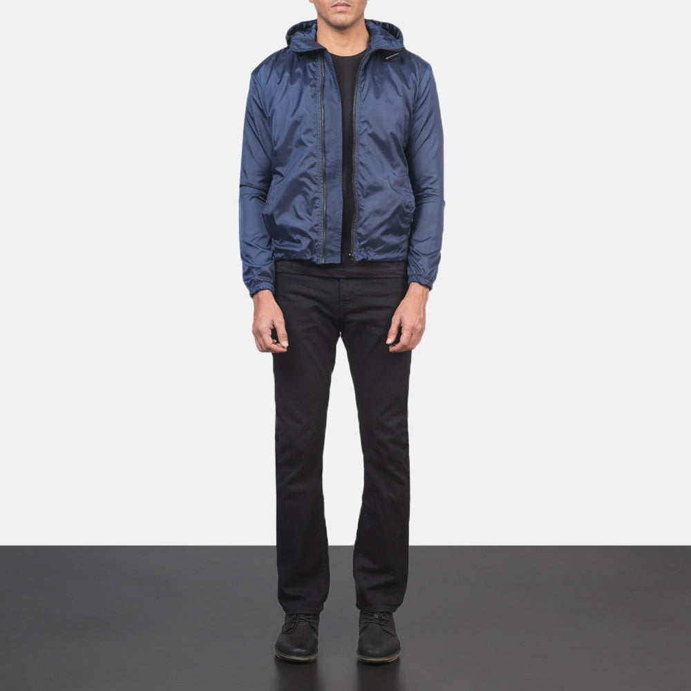 Jimmy Blue Hooded Windbreaker Jacket - Sidoprofil som visar ärmskärning