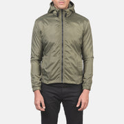 
Närbildsdetalj of High Neck with Hood & Zipper with wind flap Hardware on Jimmy Grön Hooded Windbreaker Läderjacka för Herr