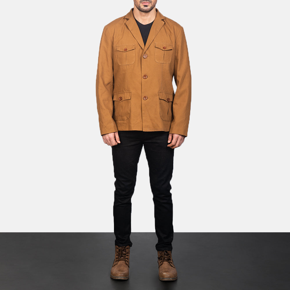 Kajetan Khaki Safari Läderjacka för Herr - Lateral Side Profile View Showing Sleeve Cut &amp; Athletic Taper Fit