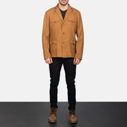 Kajetan Khaki Safari Läderjacka för Herr - Lateral Side Profile View Showing Sleeve Cut &amp; Athletic Taper Fit