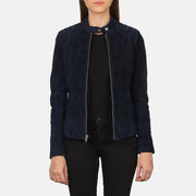 
Kelsee Navy Blue Suede Biker Jacket in Navy Blue Goatskin Suede - Framifrån med skräddarsydd silhuett | Handla online