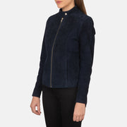 
Navy Blue Goatskin Suede Biker Jacket - Bakifrån med perfekt axelpassform och ren fåll