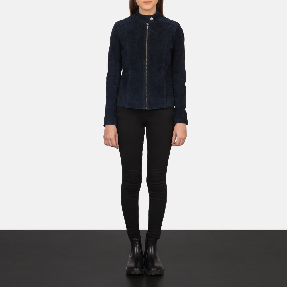 
Kelsee Navy Blue Suede Biker Jacket - Sidoprofil som visar ärmskärning