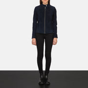 
Kelsee Navy Blue Suede Biker Jacket - Sidoprofil som visar ärmskärning