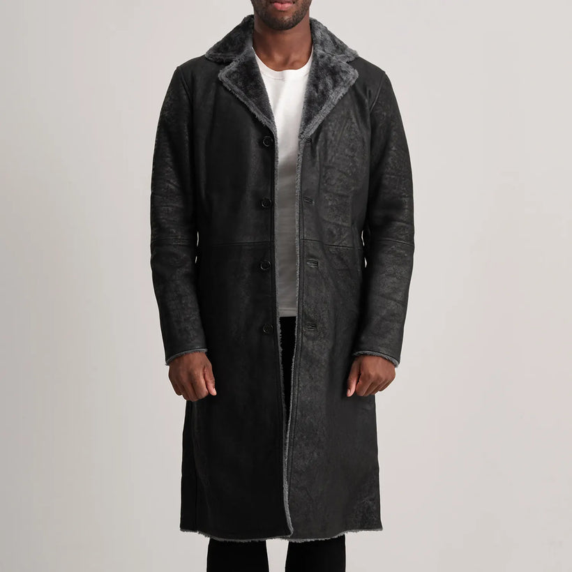 Kolby Distressed Svart Leather Shearling Läderrock för Herr