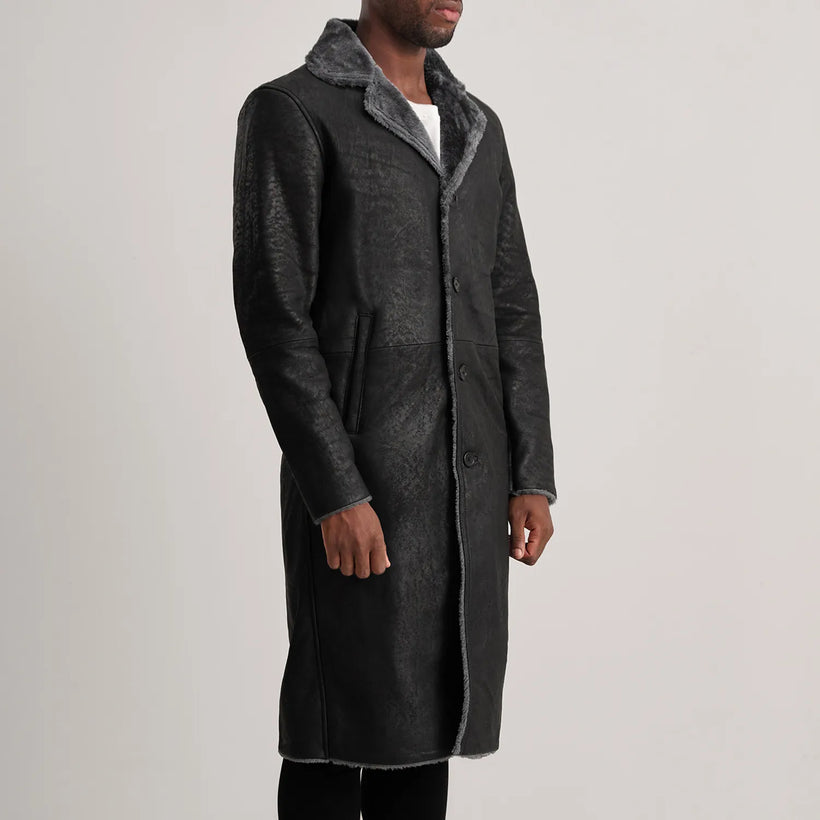 Kolby Distressed Svart Leather Shearling Läderrock för Herr
