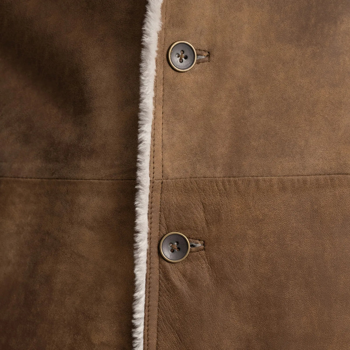 
Närbildsdetalj of Notch & Button Hardware on Kolby Distressed Brown Shearling Long Coat