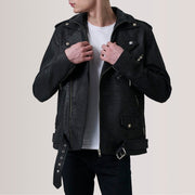 
Kole Distressed Svart Leather Double Rider Läderjacka för Herr in Distressed Black Sheepskin Snuffed - Framifrån med skräddarsydd silhuett | Handla online