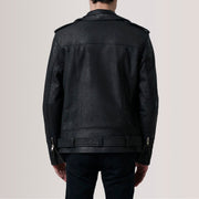
Närbildsdetalj of Notch & Zipper & Waist Straps Hardware on Kole Distressed Svart Leather Double Rider Läderjacka för Herr
