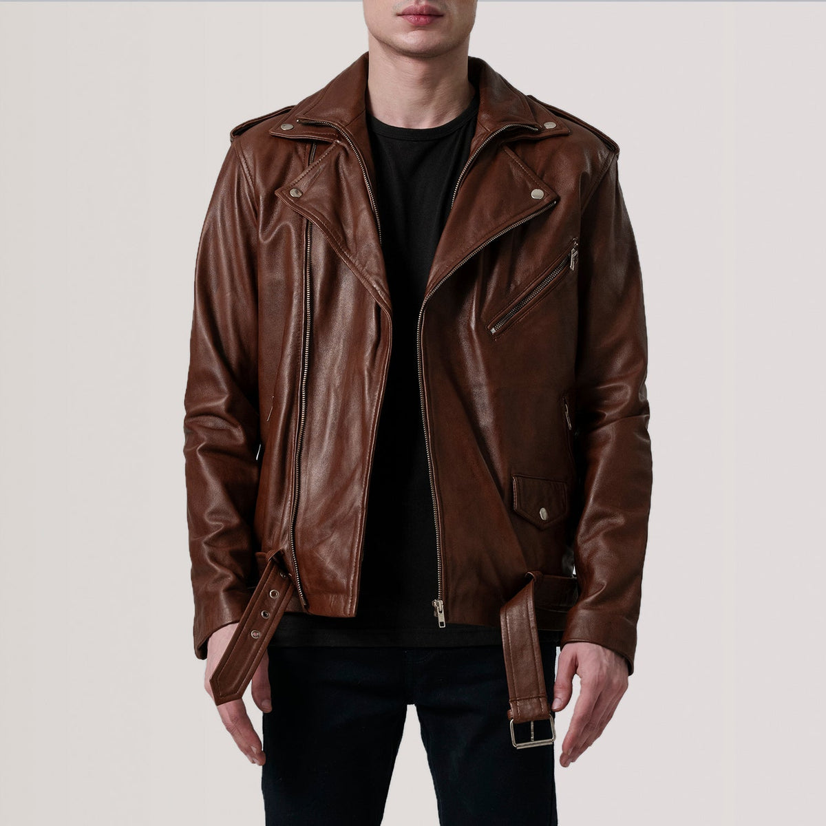 
Kole Waxed Brun Leather Double Rider Läderjacka för Herr in Distressed Brown Sheepskin Burnished - Framifrån med skräddarsydd silhuett | Handla online