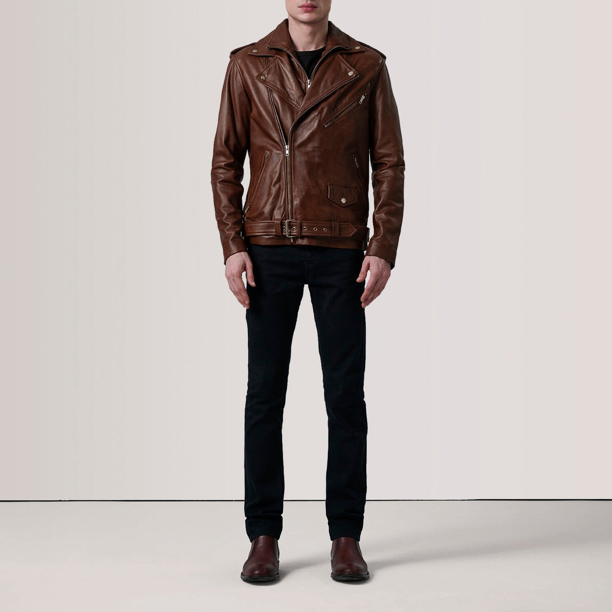 
Distressed Brown Sheepskin Burnished Biker Jacket - Bakifrån med perfekt axelpassform och ren fåll