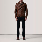 
Distressed Brown Sheepskin Burnished Biker Jacket - Bakifrån med perfekt axelpassform och ren fåll