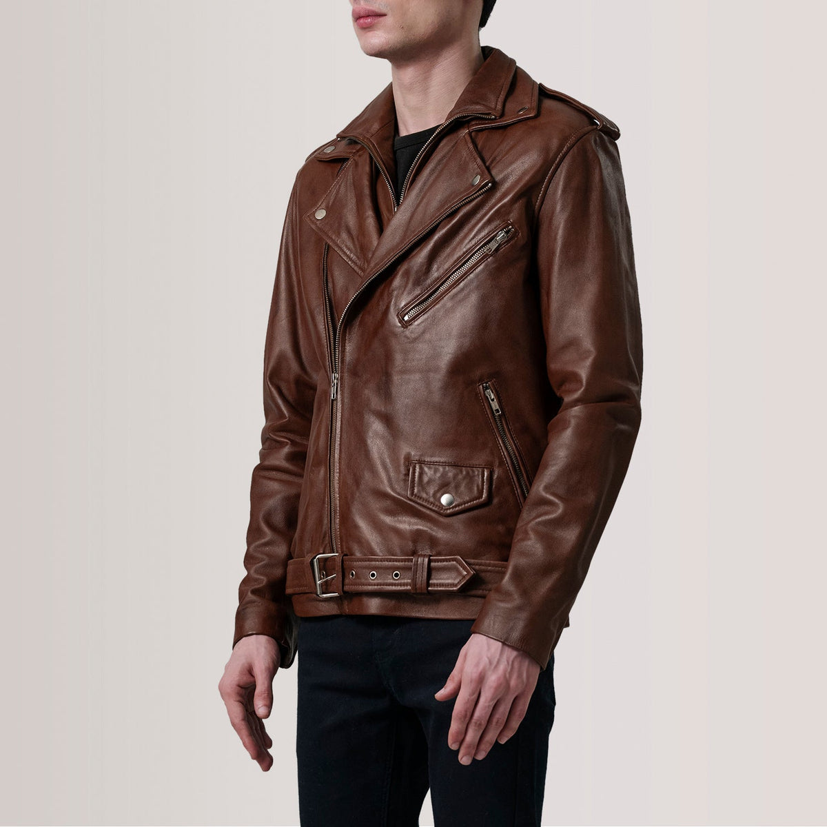 
Kole Waxed Brun Leather Double Rider Läderjacka för Herr - Sidoprofil som visar ärmskärning