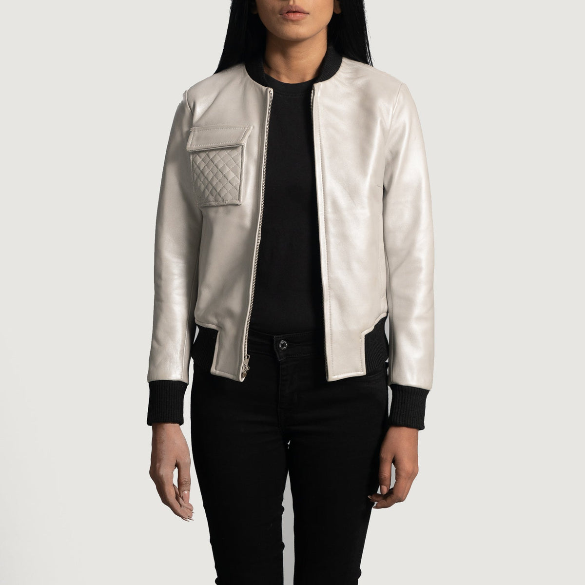 Women's Lana Silver Bomberjacka i Läder för Dam in Silver Sheepskin Leather - Front Profile View &amp; Tailored Silhouette | Buy Online