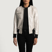 Women's Lana Silver Bomberjacka i Läder för Dam in Silver Sheepskin Leather - Front Profile View &amp; Tailored Silhouette | Buy Online
