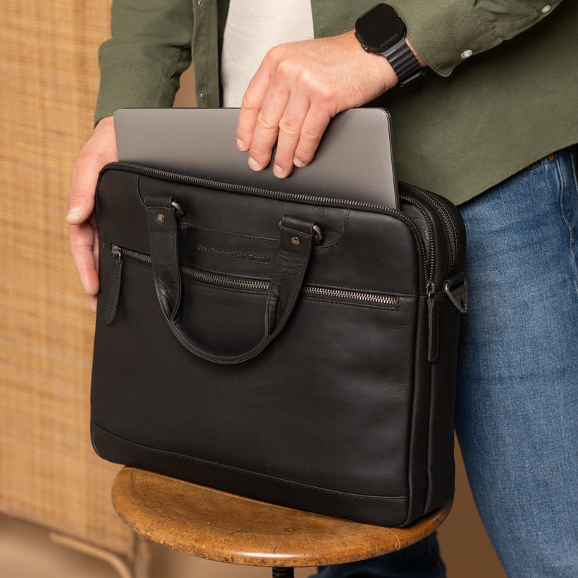 Classic 100% Full-Grain leather Briefcase - Rear Perspective Showing Reinforced Leather Straps & Stitching