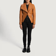 Close-Up Detail of Notch &amp; Button Hardware on Women's Lee Ljusbrun Brun Leather Blazer för Dam