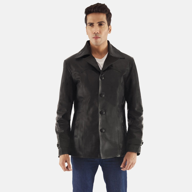Leo Svart Leather Coat för Herr