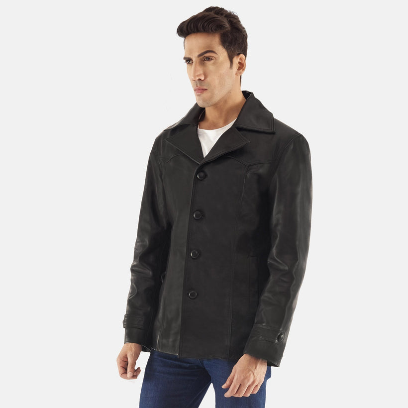 Leo Svart Leather Coat för Herr