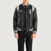 Liberte Illinois Svart Leather Varsity Läderjacka för Herr in Black &amp; White Sheepskin Leather - Front Profile View &amp; Tailored Silhouette | Buy Online
