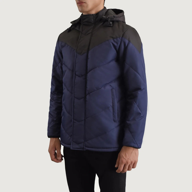 Luka Svart & Blå Hooded Puffer Läderjacka för Herr