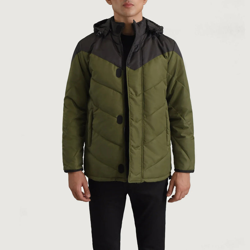 Luka Svart & Grön Hooded Puffer Läderjacka för Herr