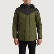 
Närbildsdetalj of Classic Collar & Zipper With Velcro Placket Hardware on Luka Svart & Grön Hooded Puffer Läderjacka för Herr