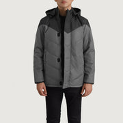 
Luka Svart & Grey Hooded Puffer Läderjacka för Herr in Black & Grey Full-Grain Leather - Framifrån med skräddarsydd silhuett | Handla online