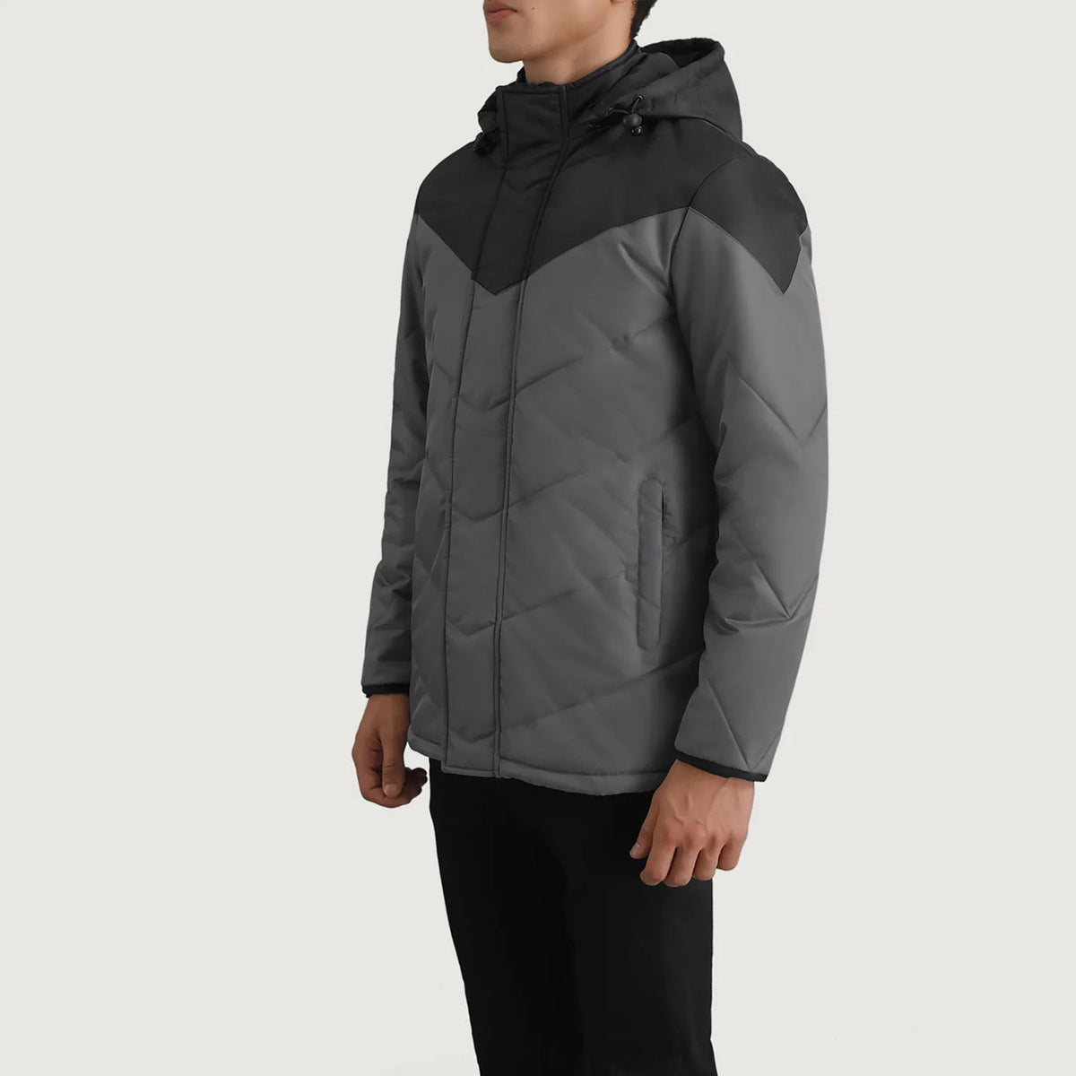 
Black & Grey Full-Grain Leather Hooded Jacket - Bakifrån med perfekt axelpassform och ren fåll