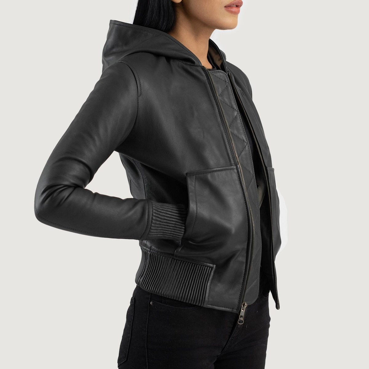 Luna Hooded Bomberjacka i Läder för Dam – alternate product view 2