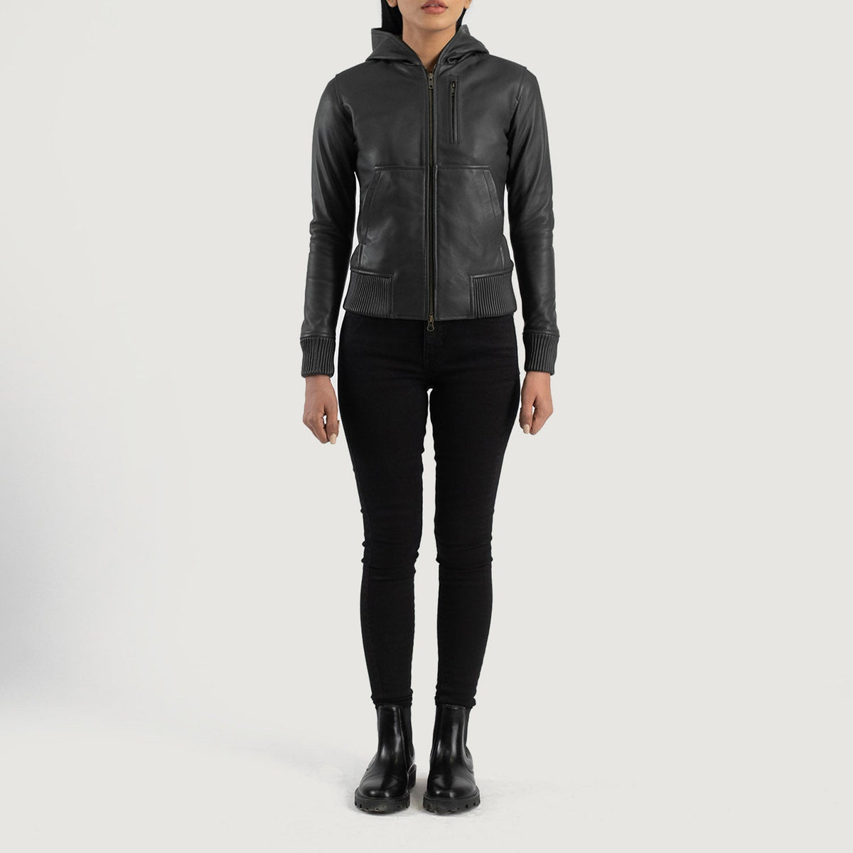 Luna Hooded Bomberjacka i Läder för Dam – alternate product view 3
